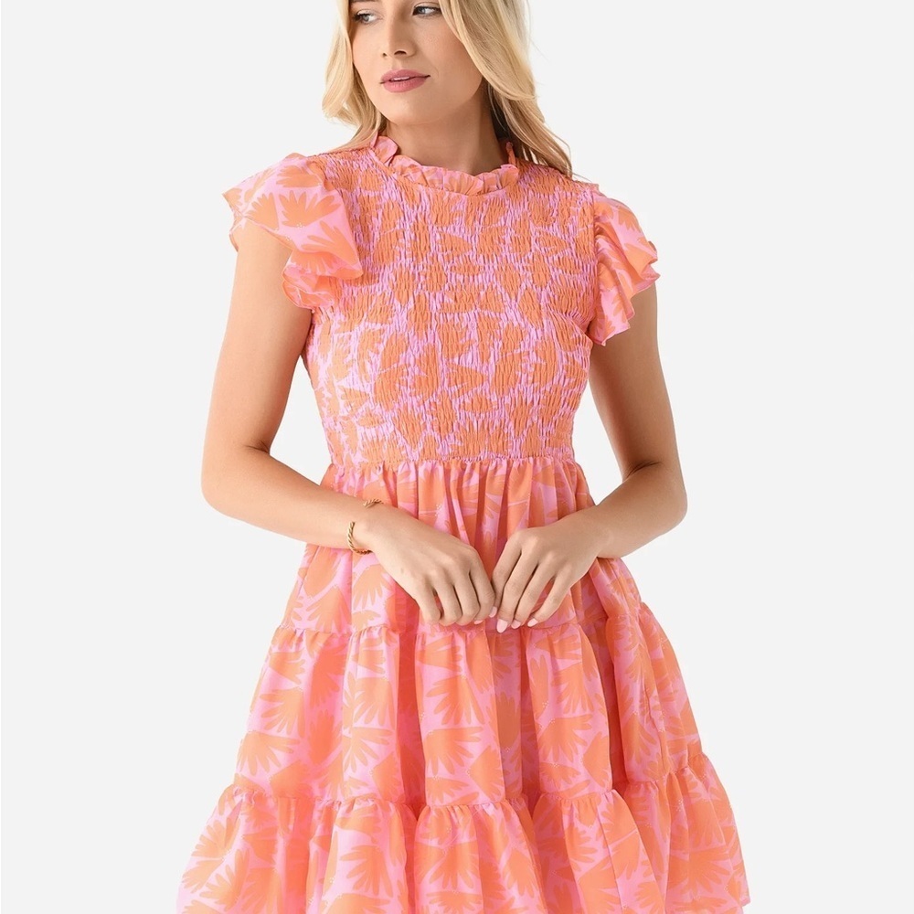 J.Marie Vibrant Pink Smocked Mini Dress NWT Small S Ruffle Sleeve Pockets Summer